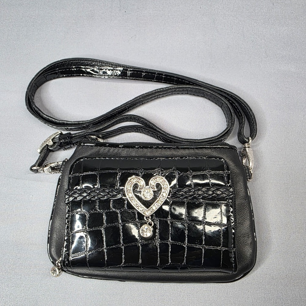 Brighton Shoulder Bag Black Crystal Heart Organizer Crossbody With Diamond Heart